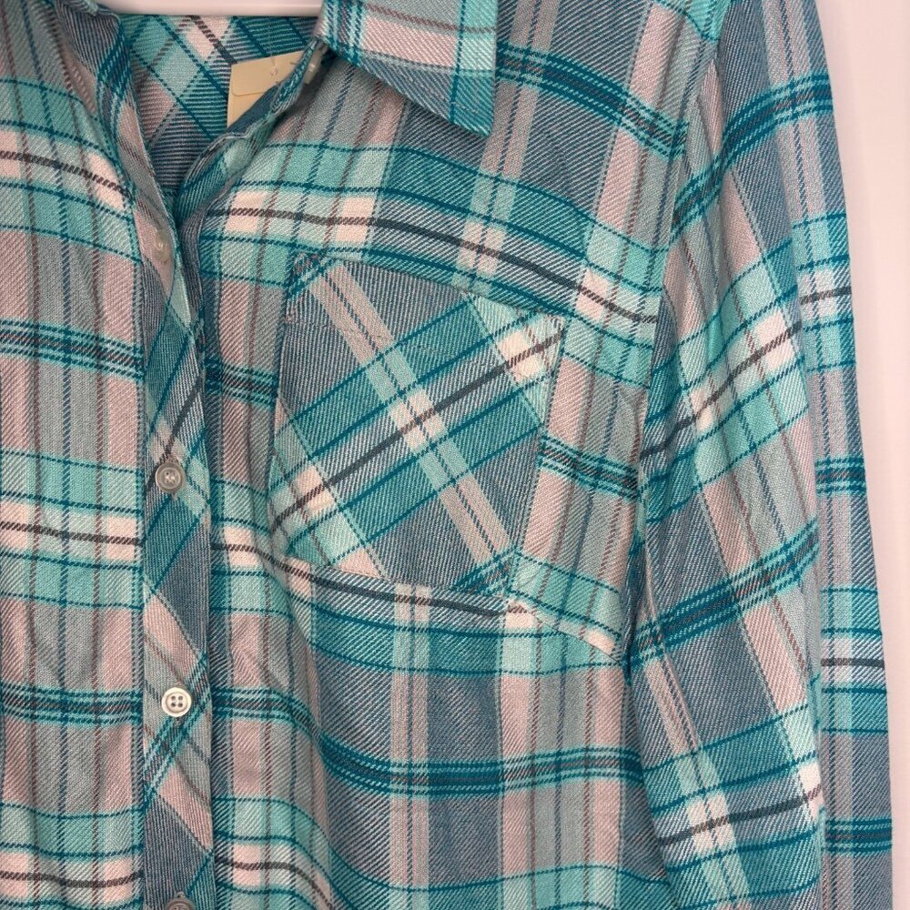 CHRISTOPHER & BANKS NEW Teal Plaid Flannel Womens M Collared Long Sleeve Rayon - Picture 3 of 7